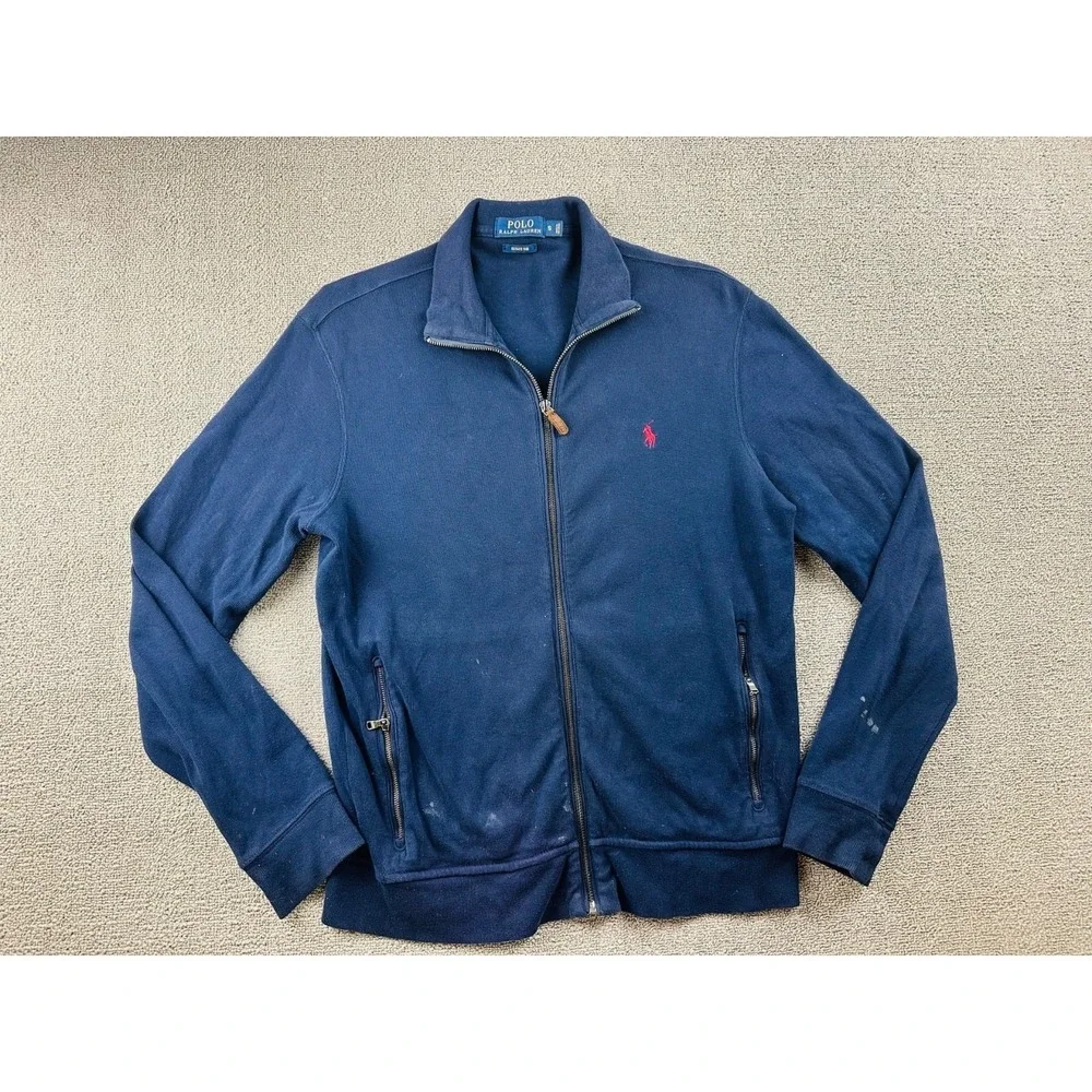 Polo‎ Ralph Lauren Sweater Men S Blue Estate Rib Full Zip Cotton Preppy Athletic